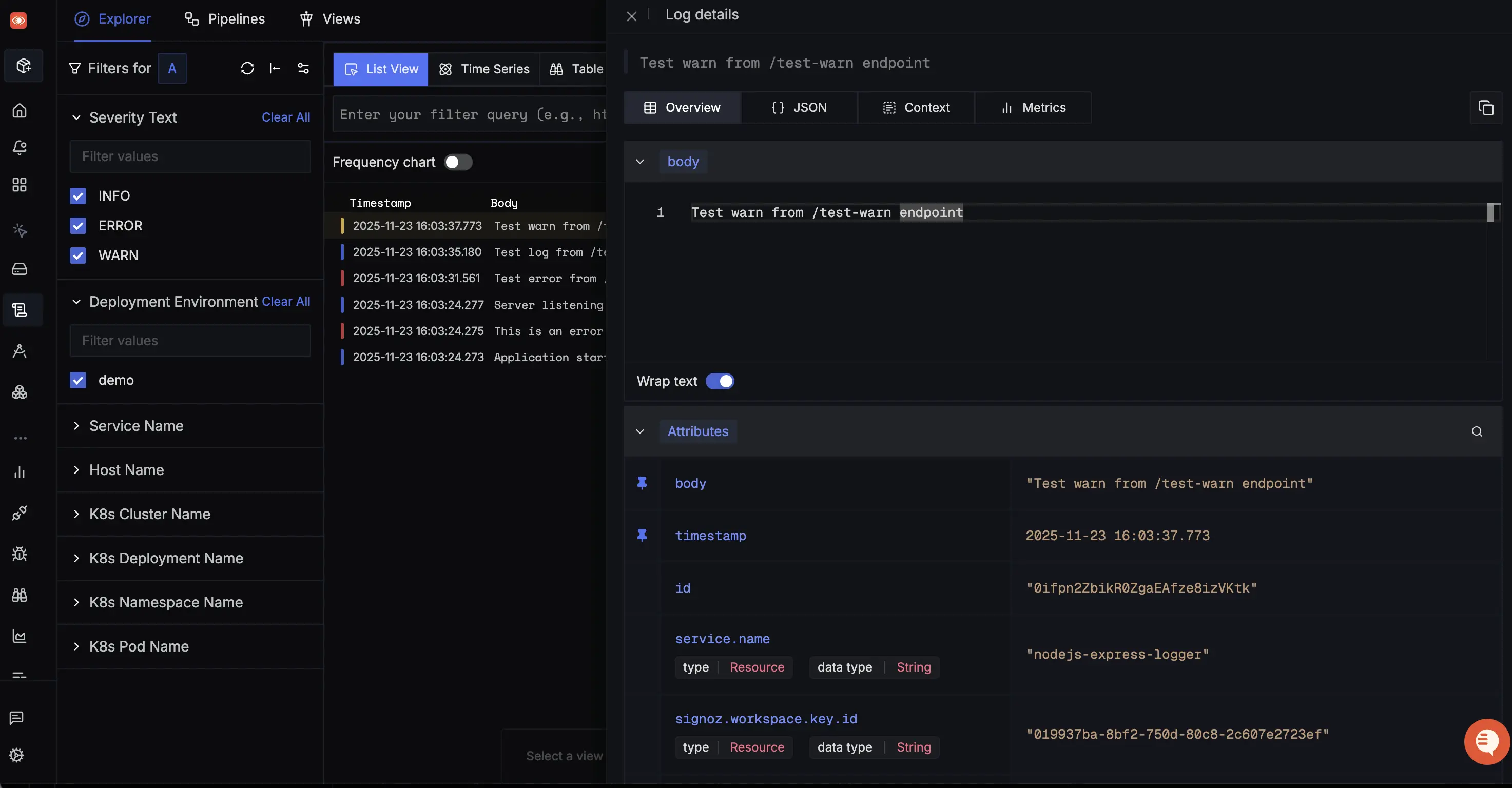 Node.js Logs Detailed View