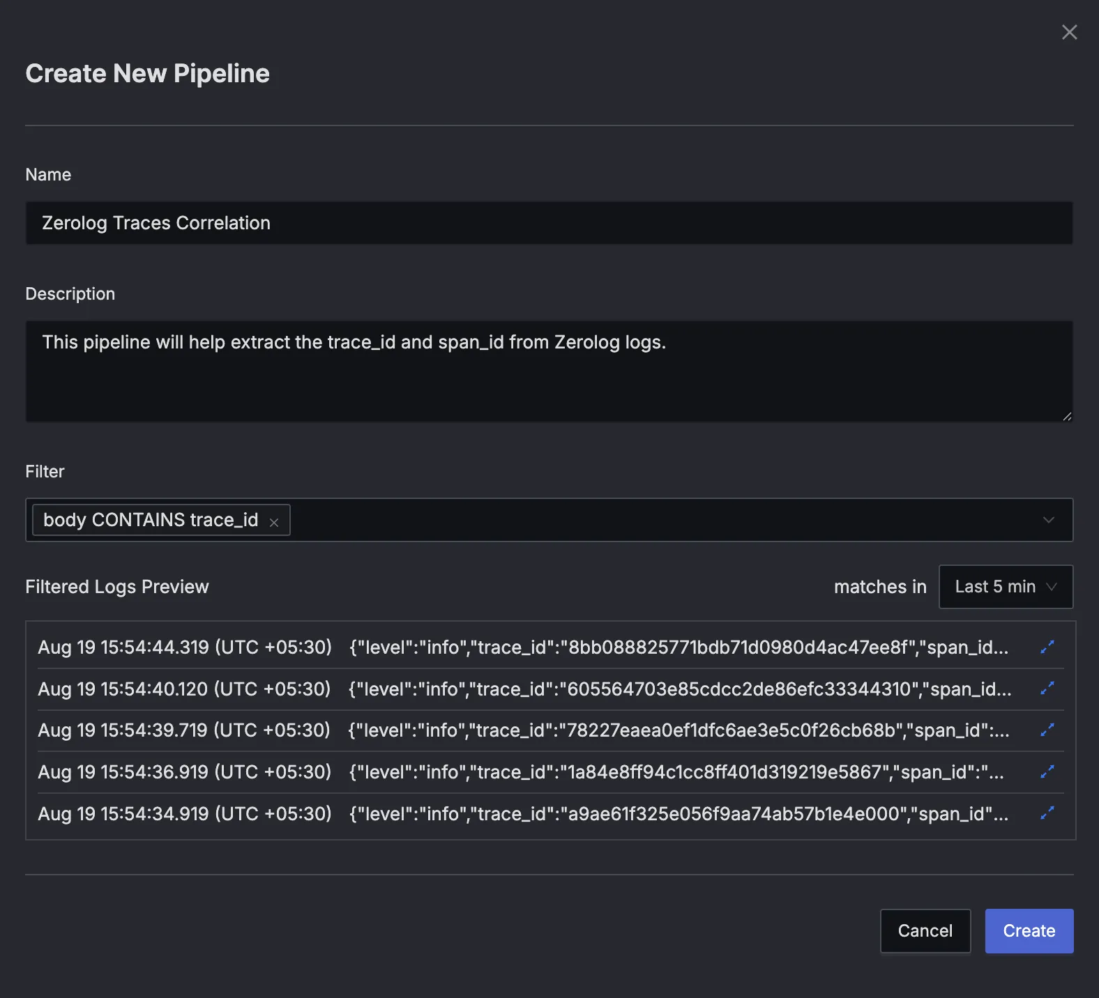 Filter Zerolog Logs in pipeline