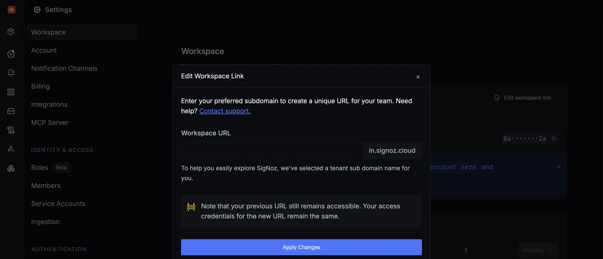 Edit Workspace Link dialog in SigNoz Cloud