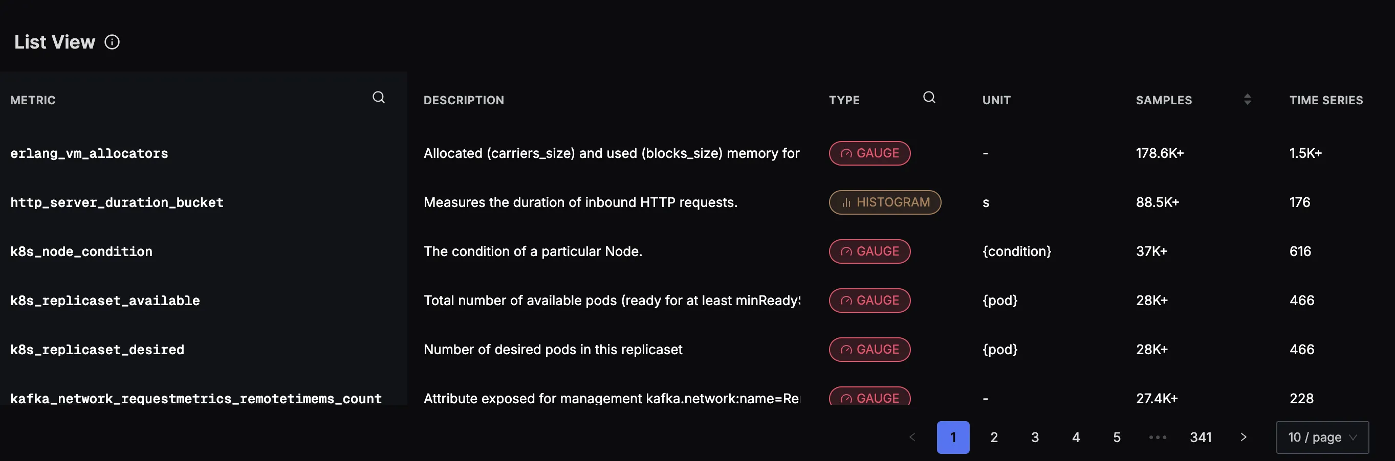 Metrics Explorer list view showing detailed metrics information in tabular format