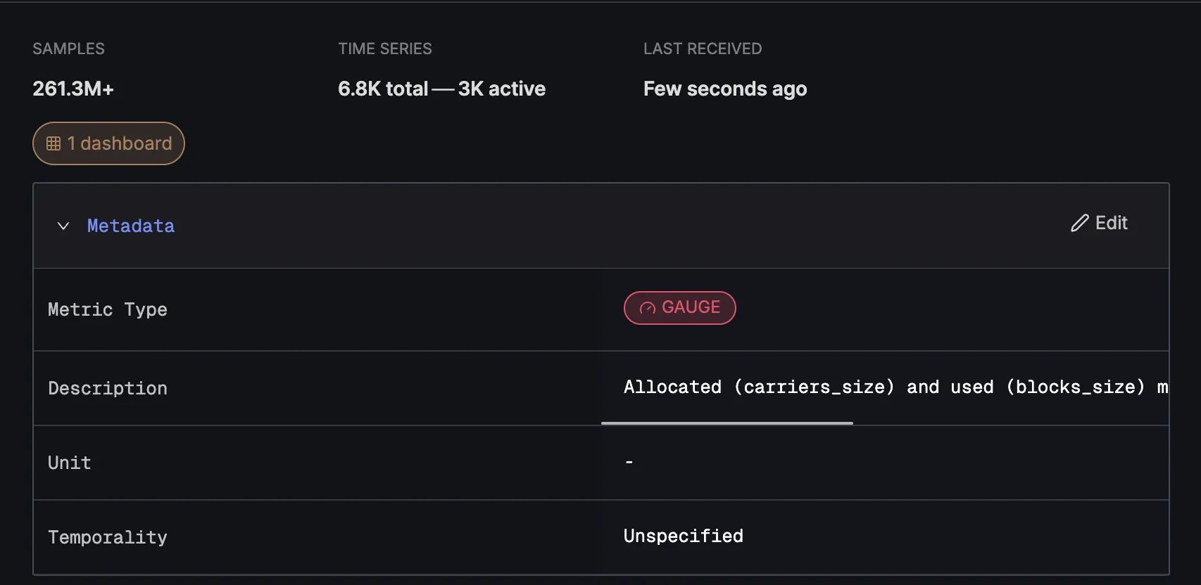 Detailed metadata view showing comprehensive metric information
