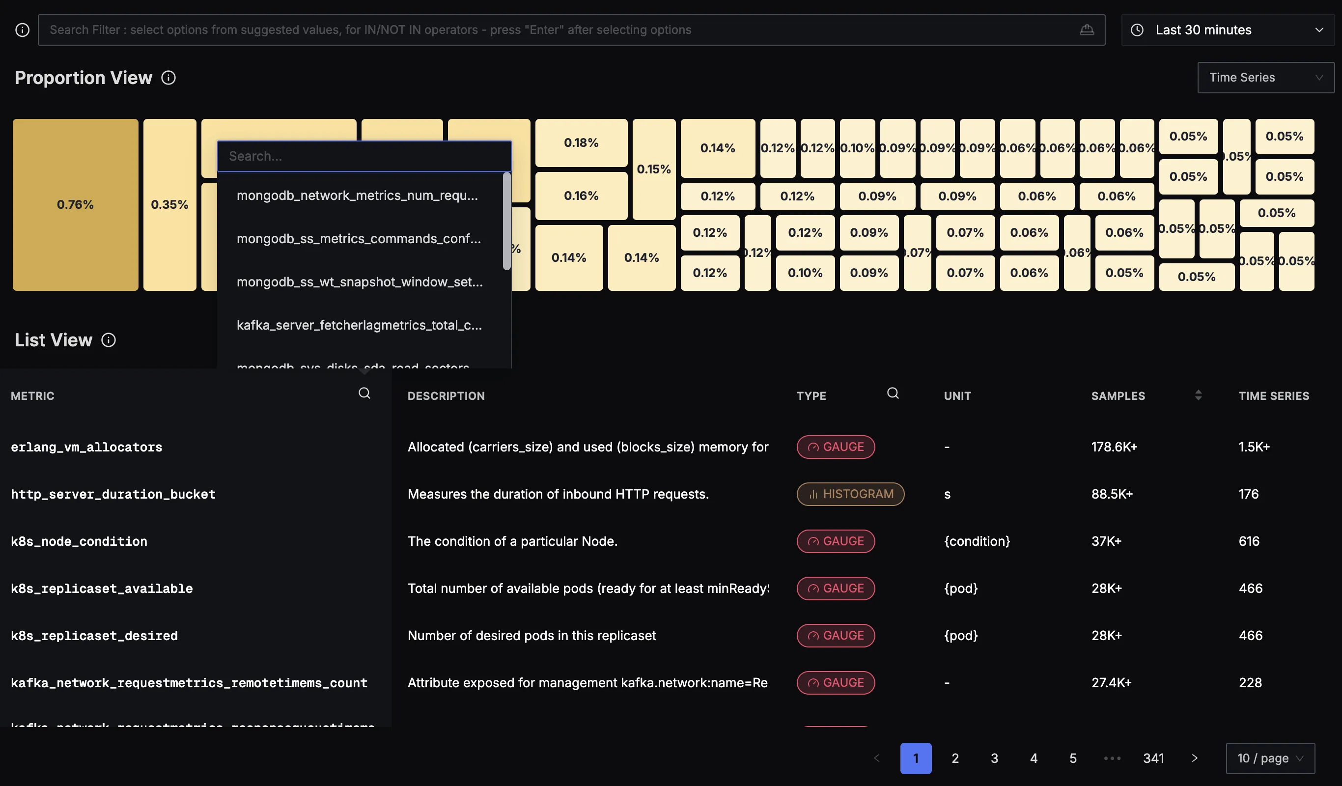 Metrics Explorer search and filter interface for finding specific metrics