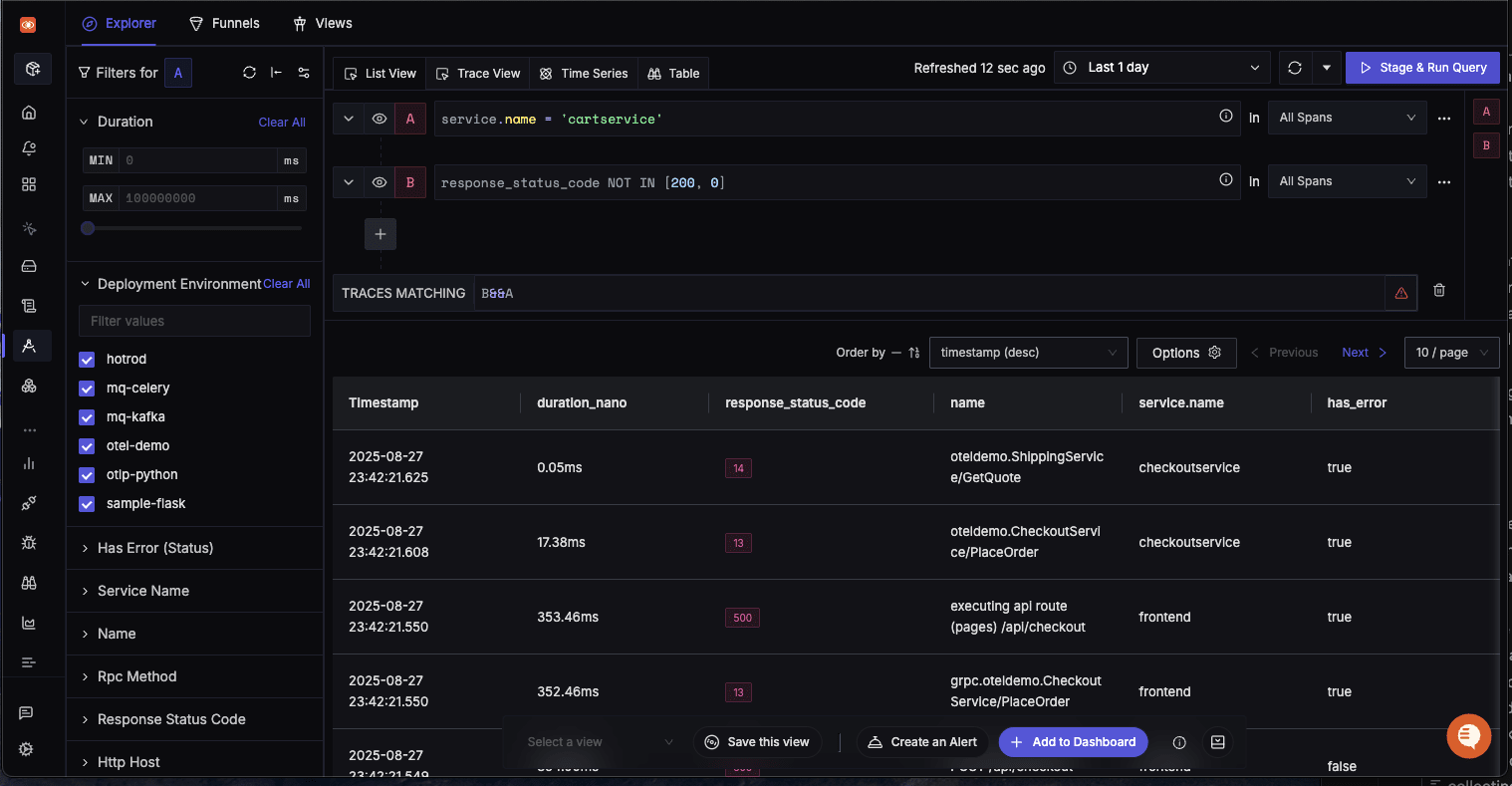 SigNoz UI showing AND Trace Operator 
