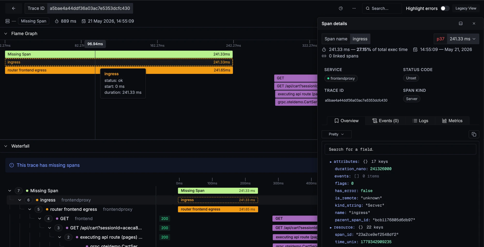 SigNoz Distributed Tracing — flamegraph and waterfall view of a trace
