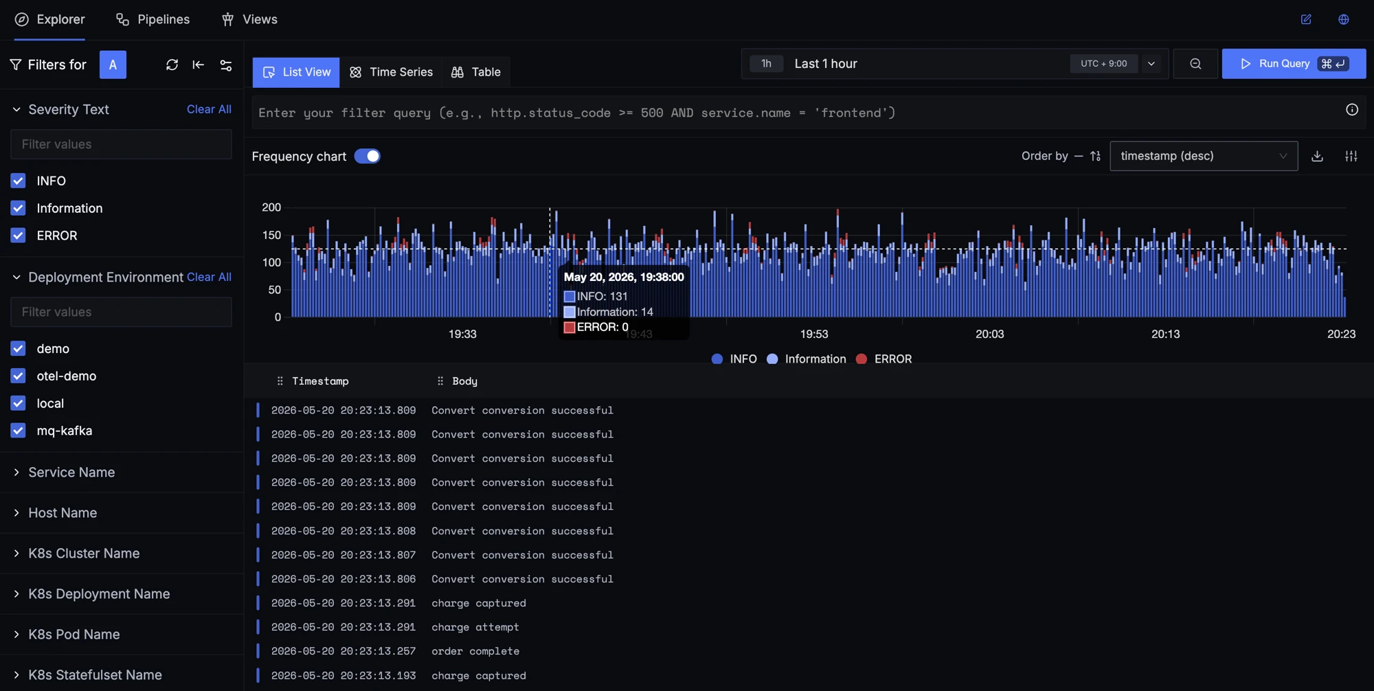 SigNoz Logs Explorer — search, filter, and analyze logs