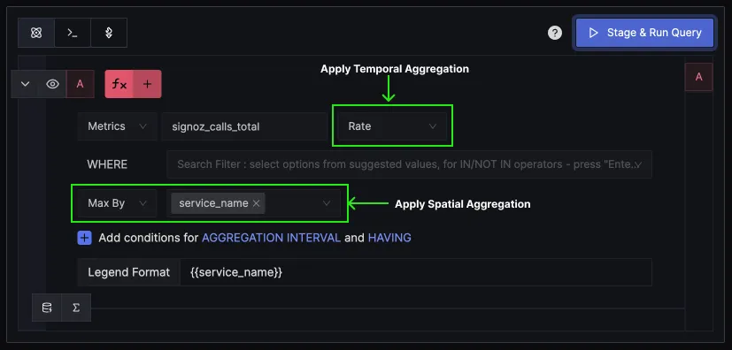 Spatial & temporal aggregations in the metrics query builder of SigNoz