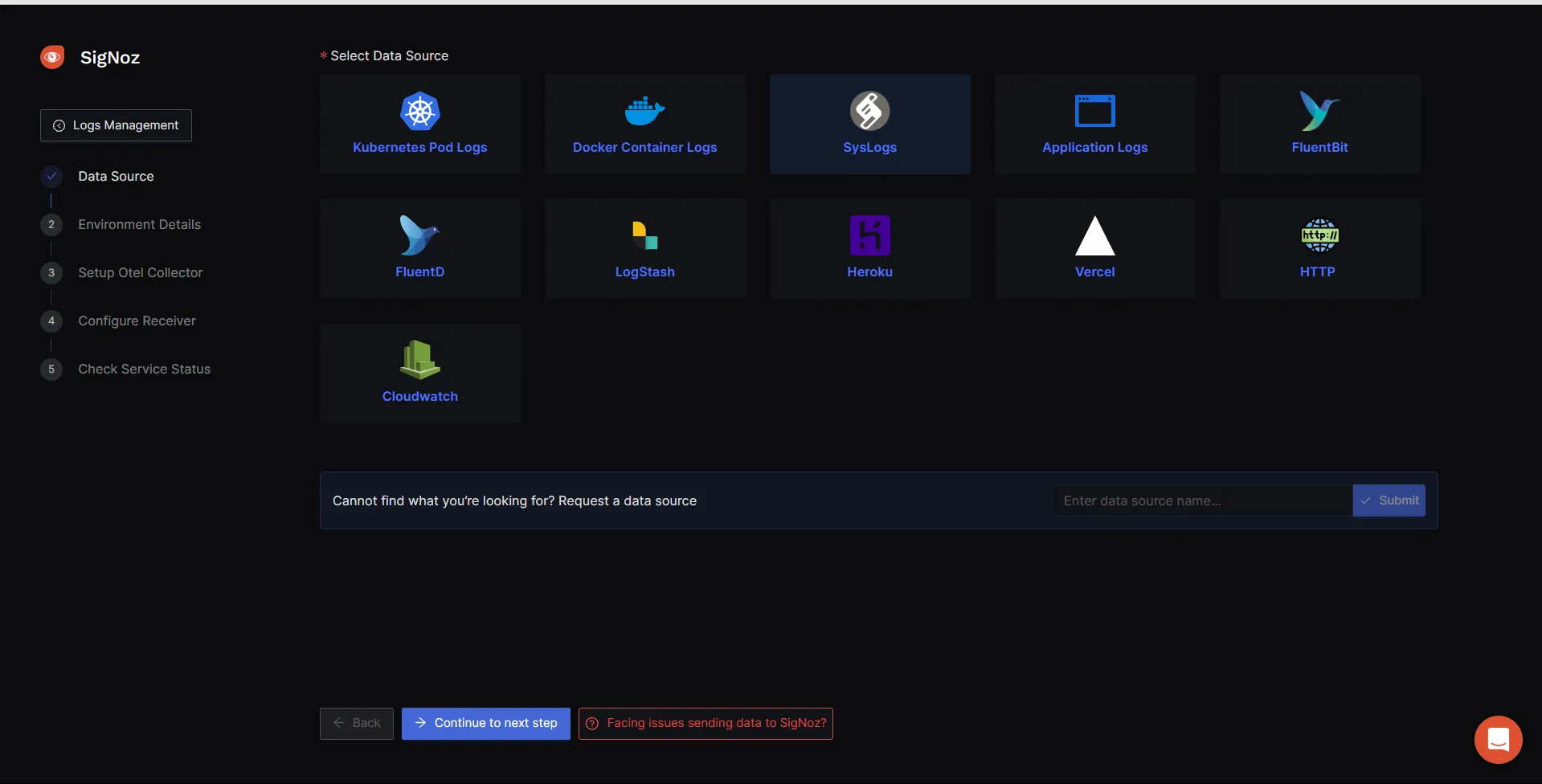 Selecting Data source for monitoring using SigNoz