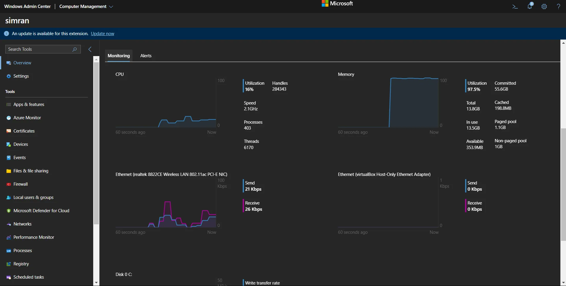 Microsoft Windows Admin Center Monitoring Dashboard