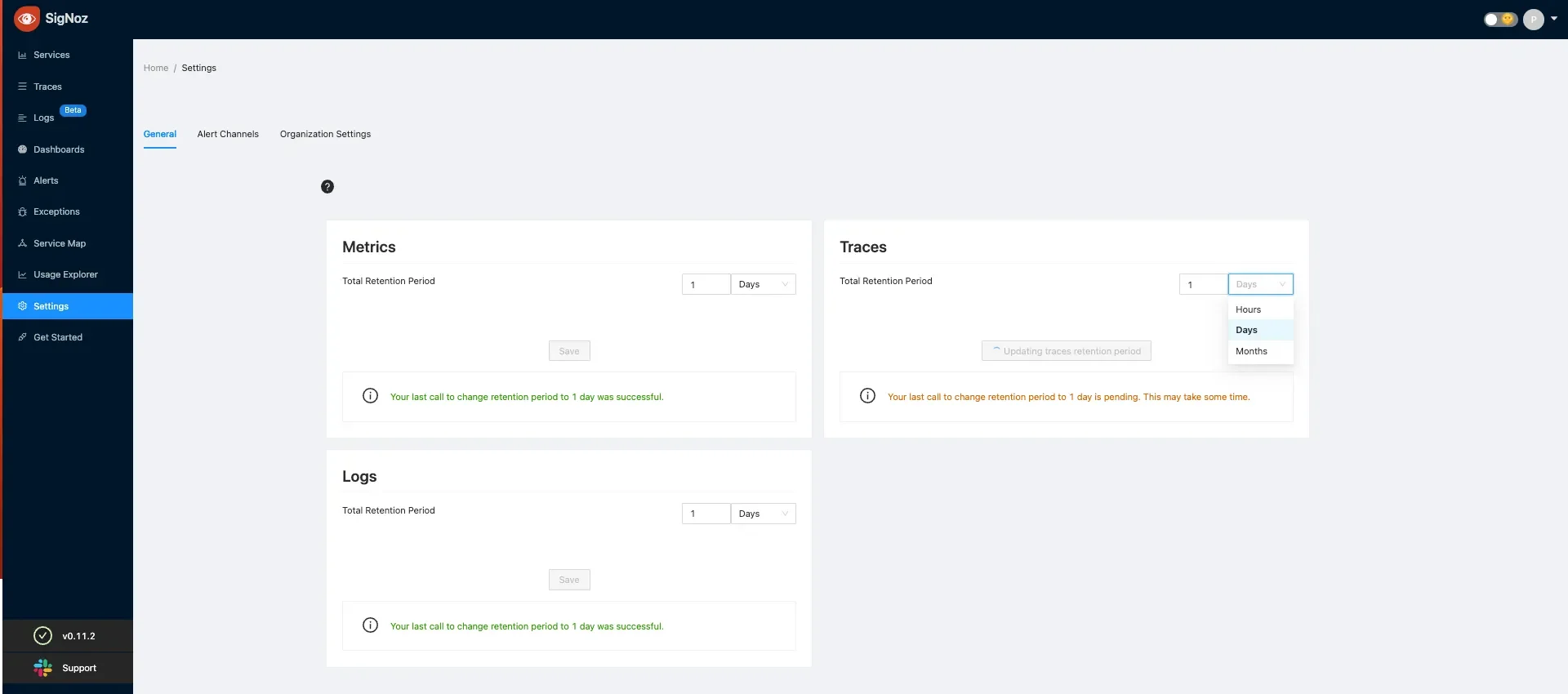 SigNoz metrics, logs and traces retention settings