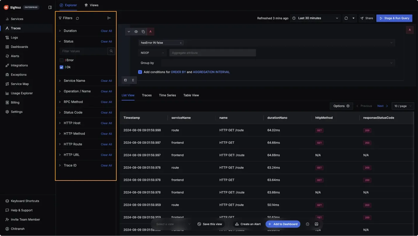 Trace Filtering and Analysis in SigNoz