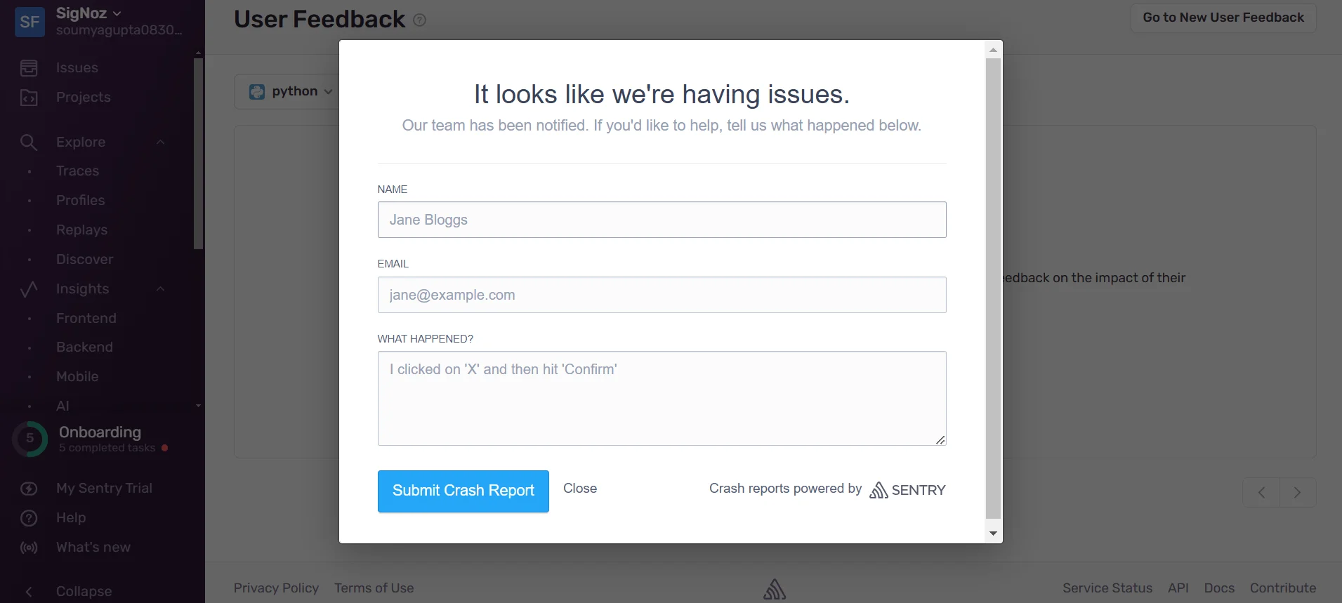 User Feedback: Crash Reporting Modal