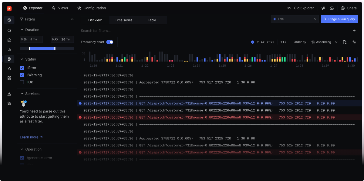 SigNoz logging dashboard