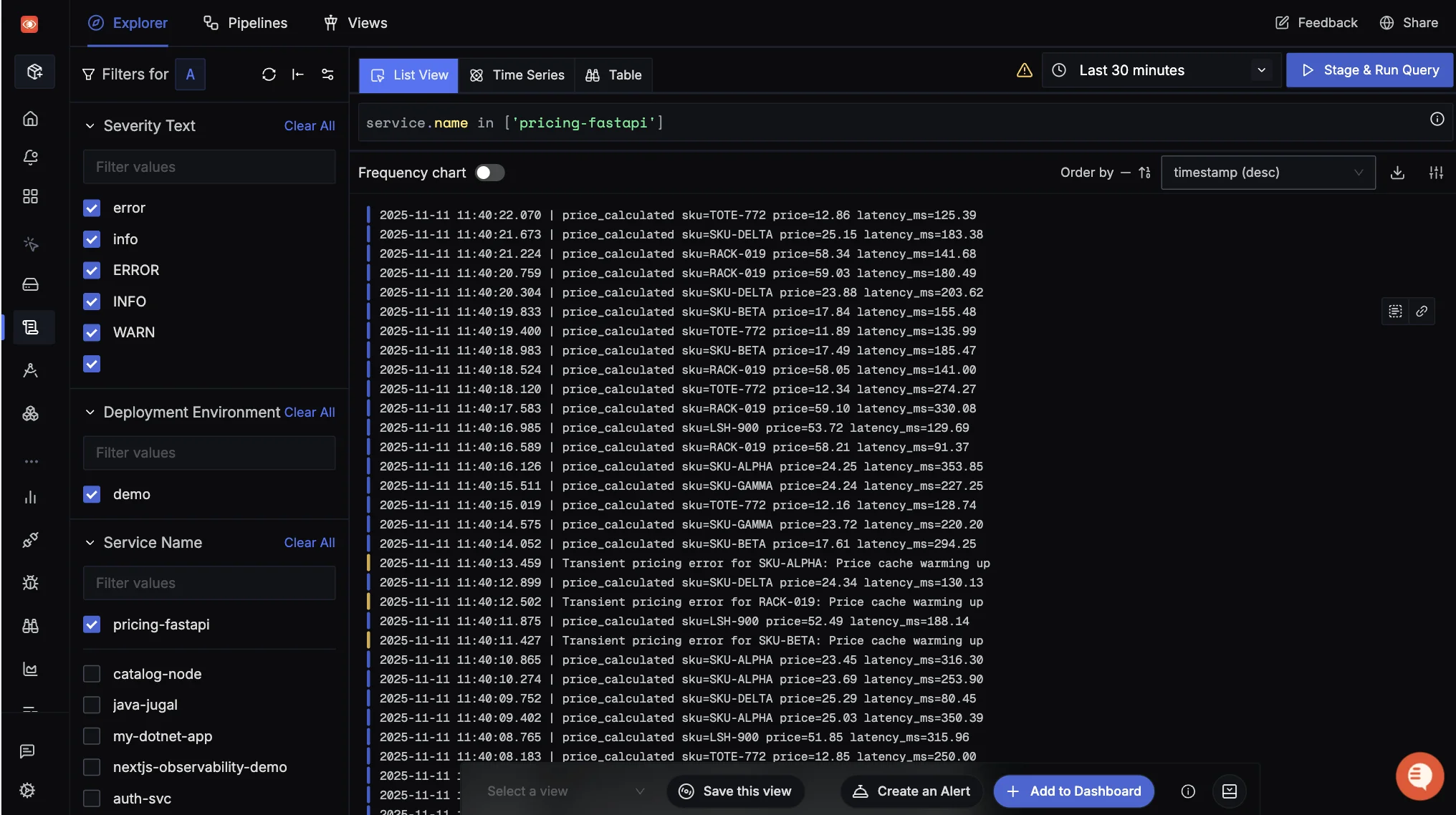 View logs for the pricing-fastapi service
