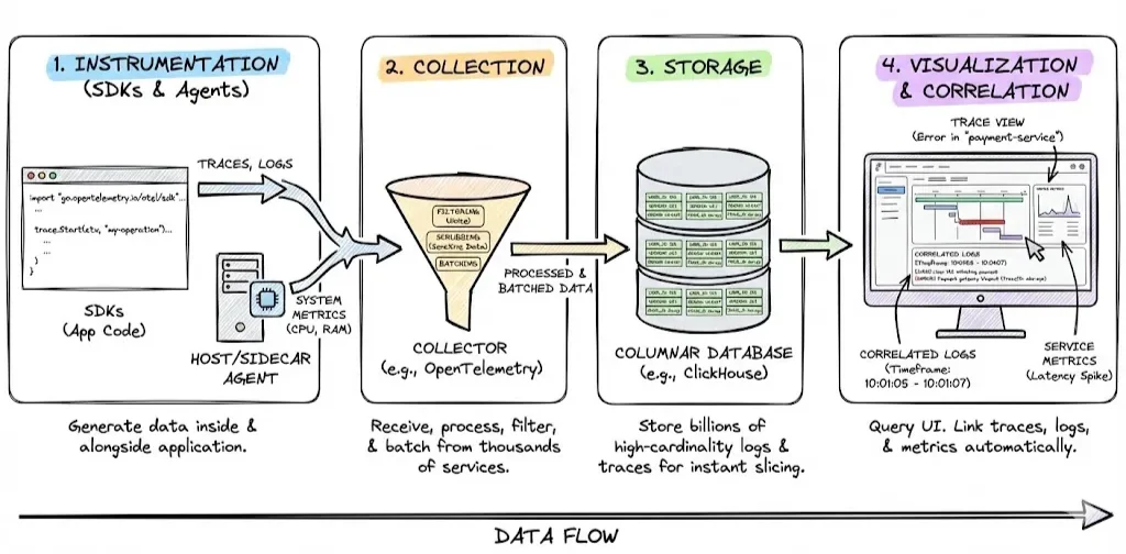 Illustration showing 4 steps of implementing observability