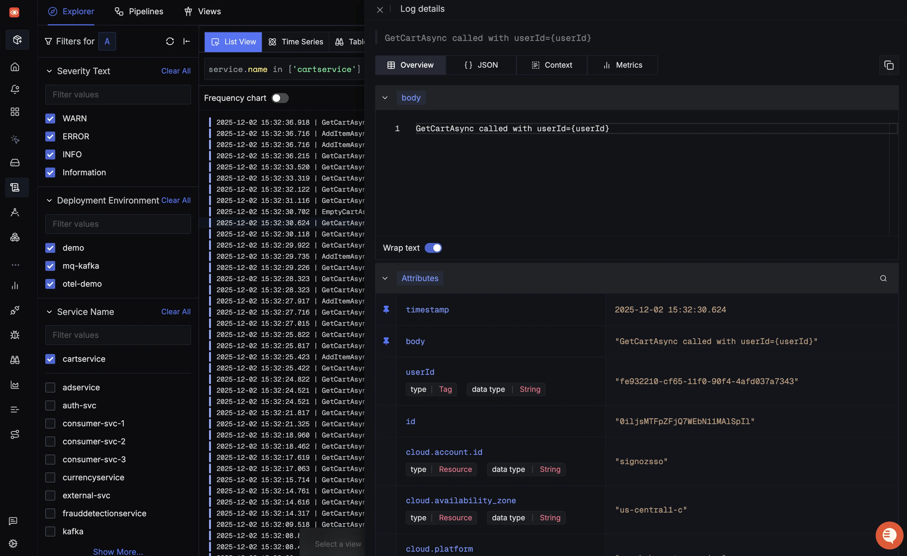 SigNoz’s log management module showing a detailed view of a log along with its attributes.