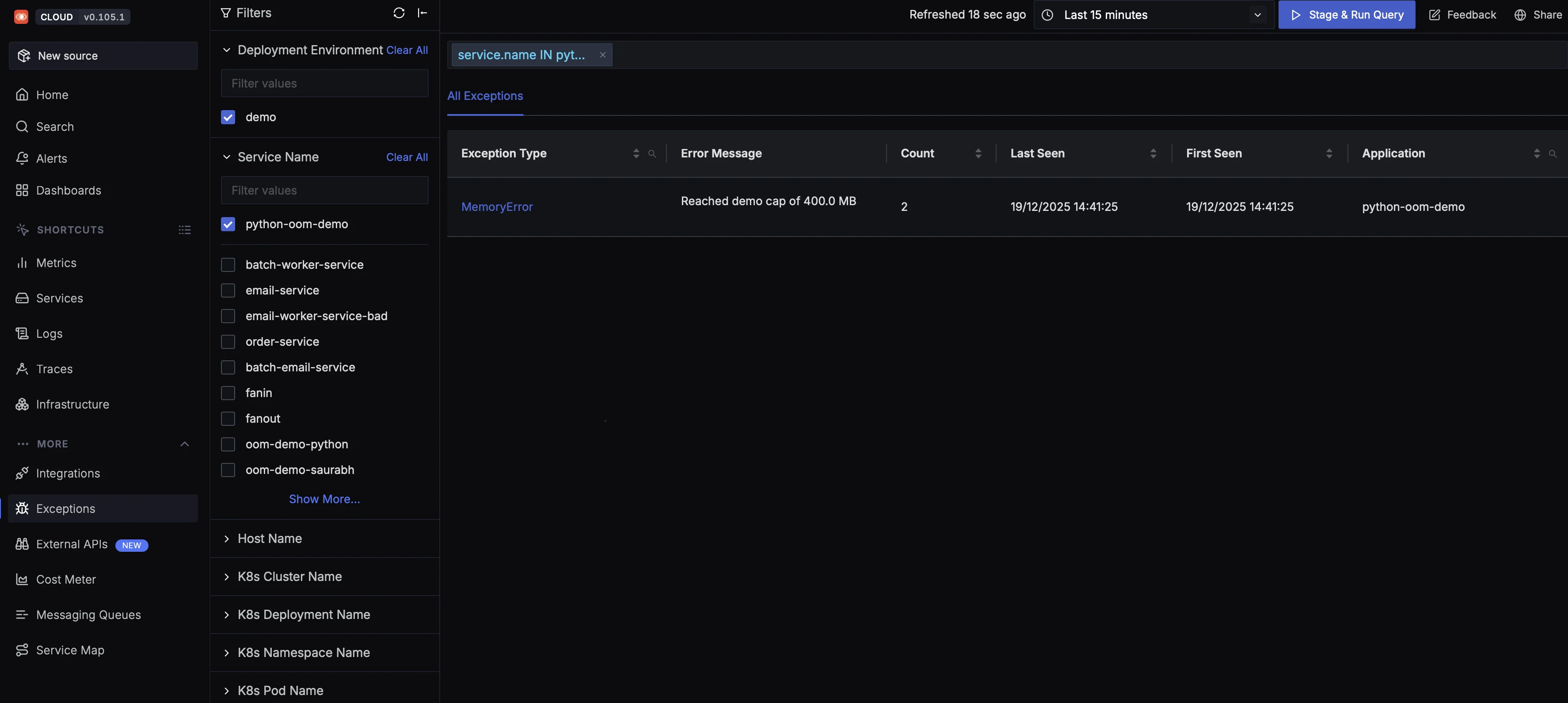 MemoryError captured as an exception when the process runs out of memory