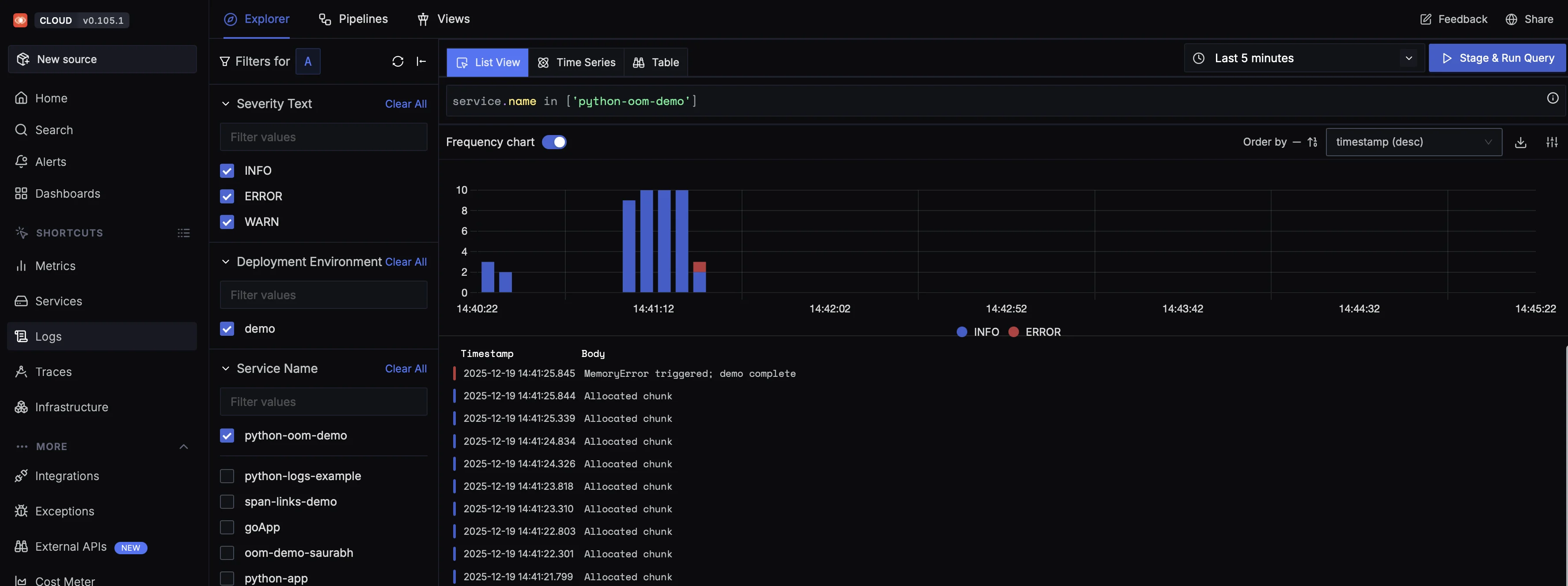 Correlated logs view highlighting the MemoryError alongside preceding allocation logs