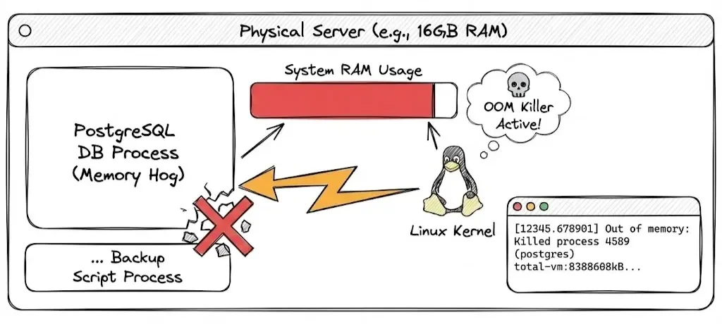 OS kills the process with the highest OOM score (usually the biggest memory hog).