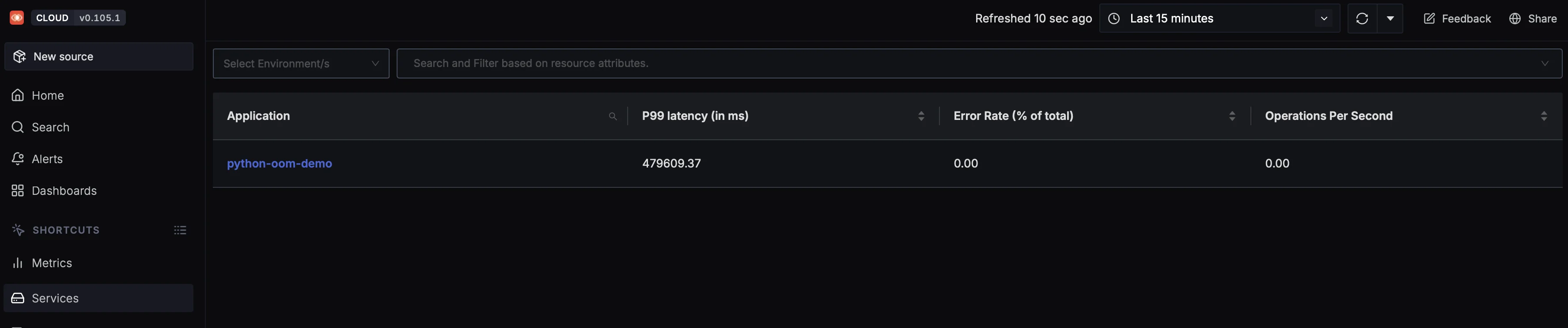 The application automatically appears in the Services view once telemetry is received