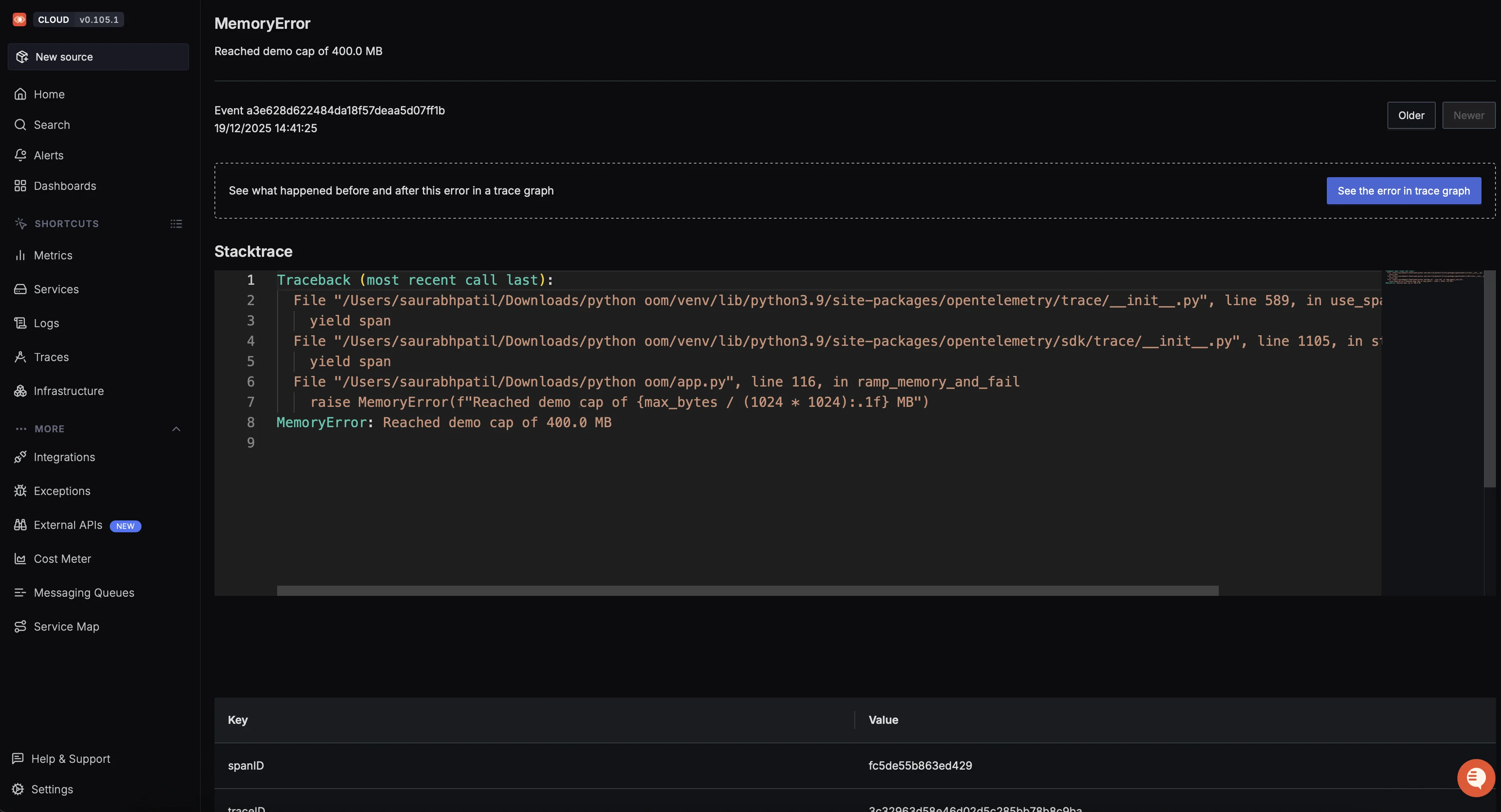 Detailed stack trace for the MemoryError exception.