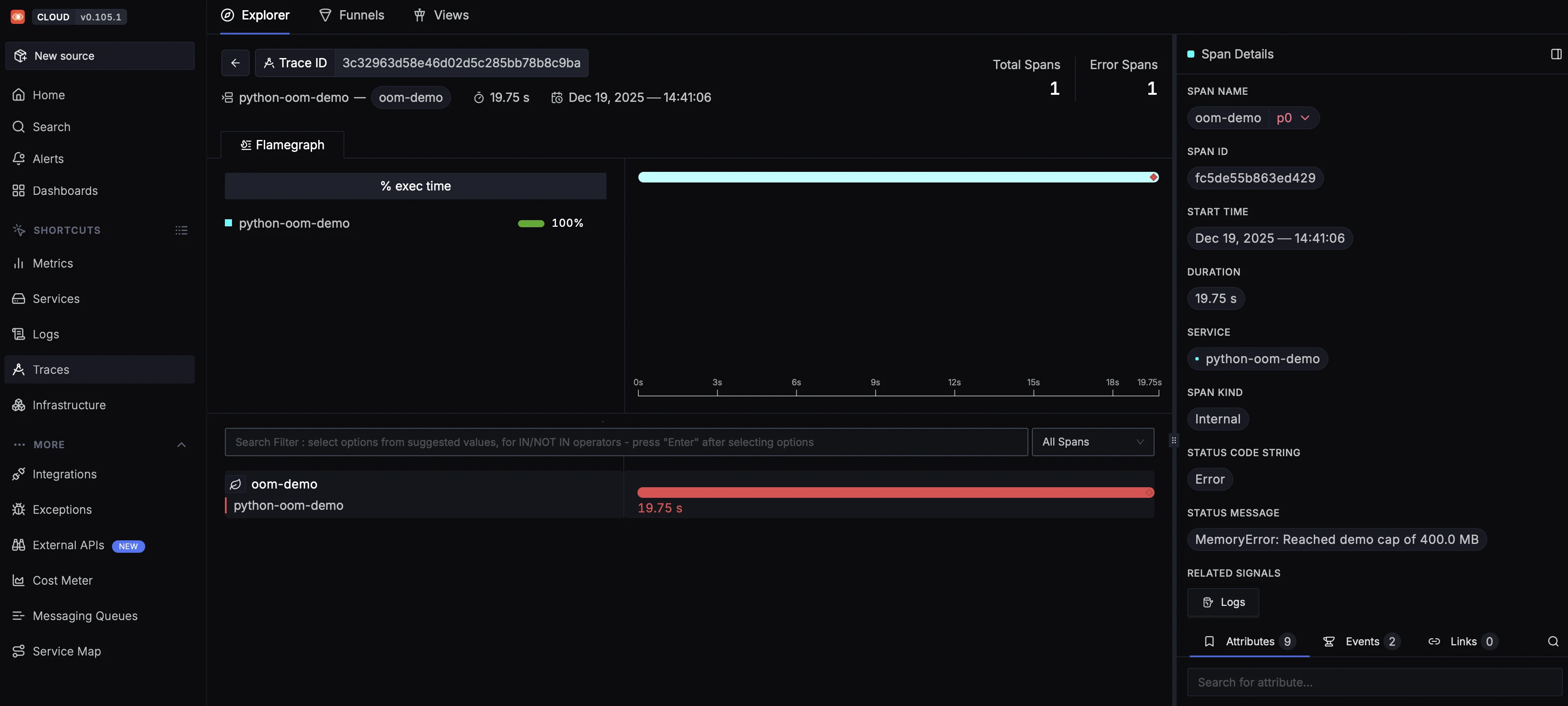 Trace graph showing the exact span where the OOM occur