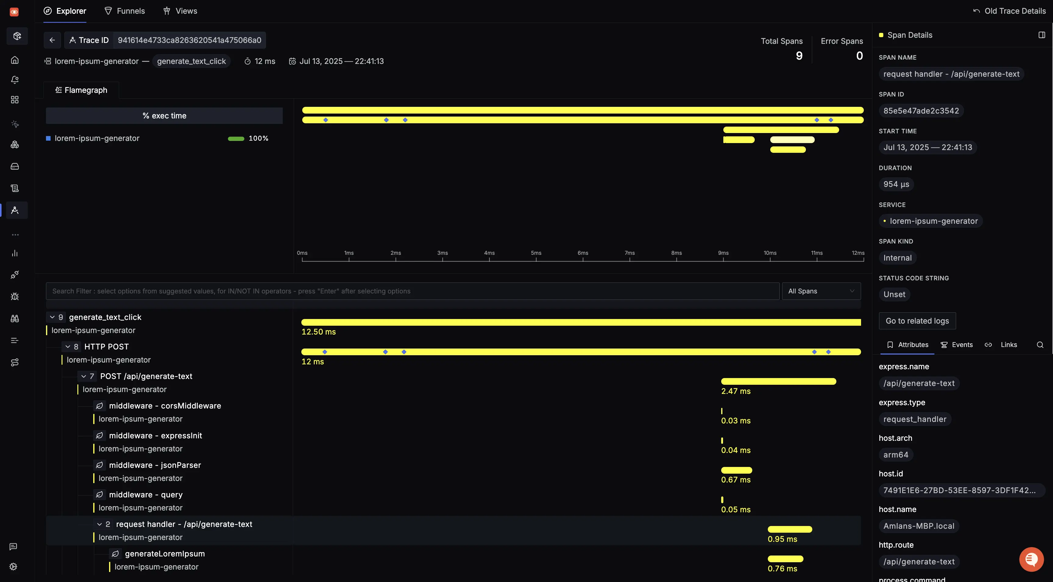 Viewing Distributed Traces linking frontend and backend