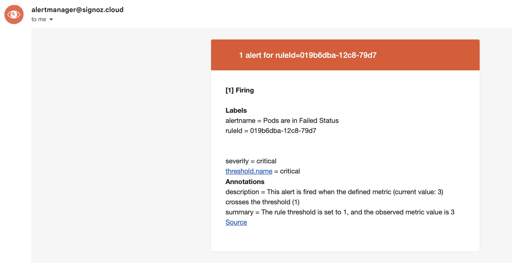 Example Email Alert for Pod in Failed State