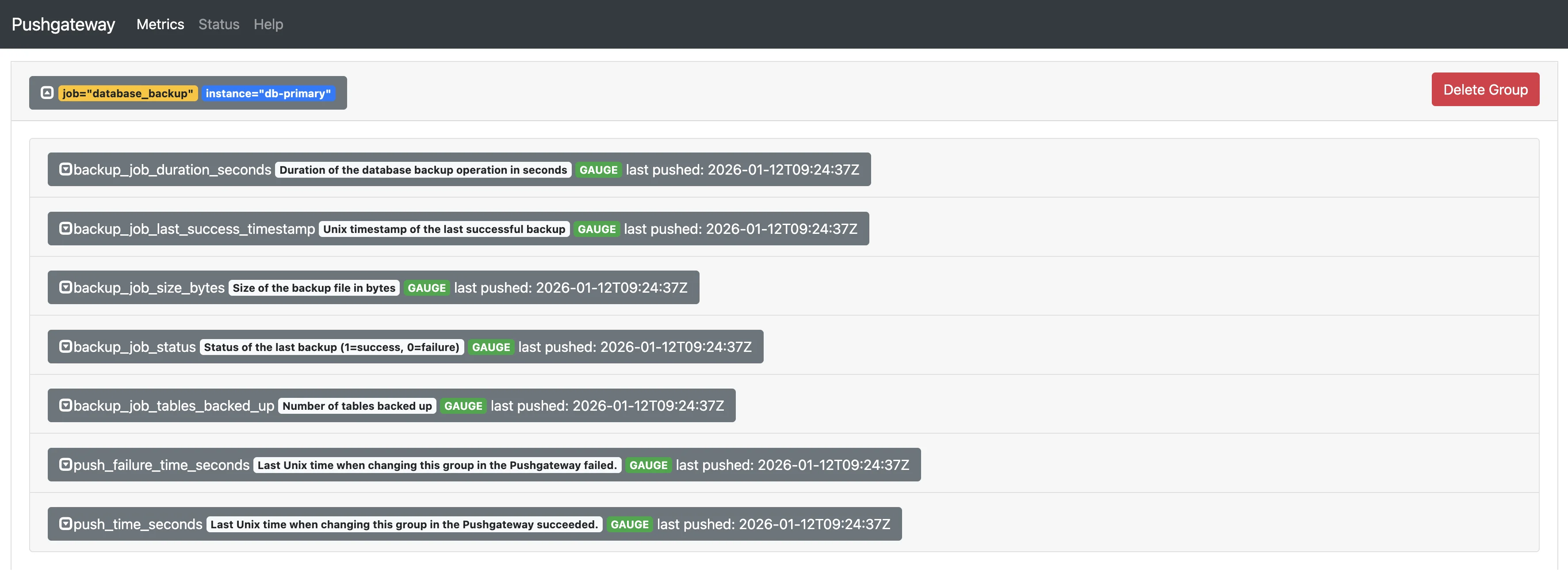 Database backup job metrics sent to Prometheus Pushgateway