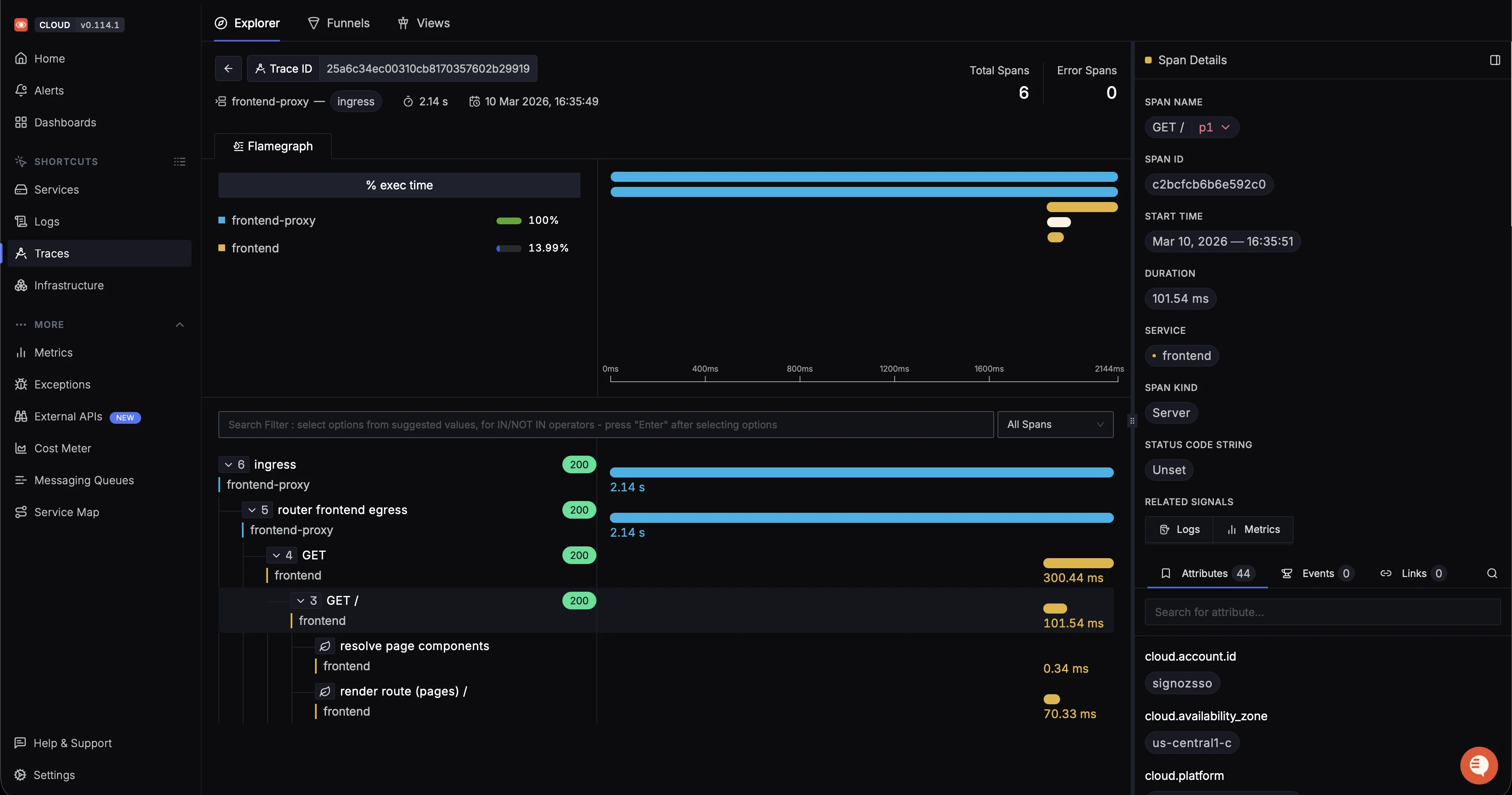 Screenshot of SigNoz trace detail view with a span waterfall timeline, nested spans, execution duration bars, and a side panel showing span metadata and attributes.