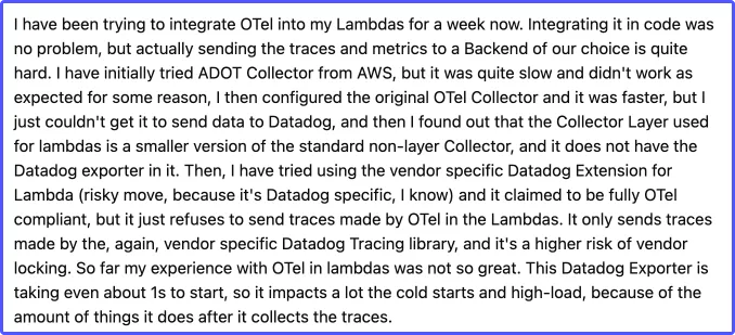 User describing their experience of sending telemetry data from AWS Lambdas to Datadog using OpenTelemetry